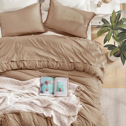 Andency Taupe Comforter Set Full Size, 3 Pieces Boho Tassel Lightweight Bedding Comforter Sets, Tan All Season Soft Fluffy Fringe Bed Set (79x90In Comforter & 2 Pillowcases)