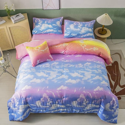 PERFEMET Full Size Bedding Sets for Girls, 6 Pieces Blue Sky and White Cloud Print Comforter Set Bed in A Bag, Rainbow Ombre Bedding Comforter Sets with Sheets (Cloud Pattern, Full)