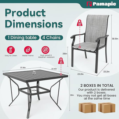 Pamapic 5 Pieces Patio Dining Set, Outdoor Dining Set for Garden Backyard Poolside Deck,Outdoor Table and Chairs Set with 4 Textilene Chairs,Gray