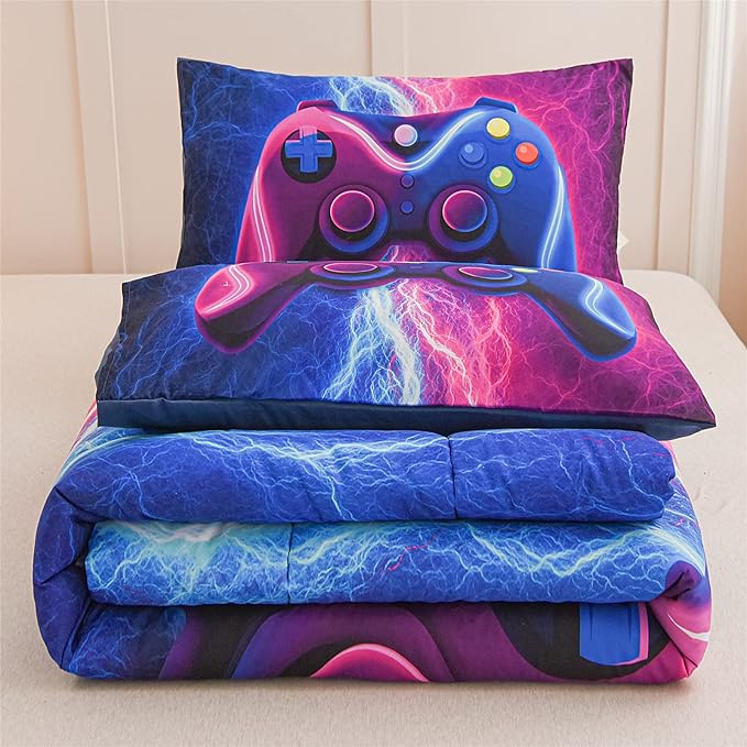 Meeting Story Gamer Gaming Bedding Sets Red Blue Lightnings Gamepad Comforter Set for Boys Games Console Action Buttons Novelty Colorful Modern Room Decor Home Quilt Set (Blue-Purple, Queen)