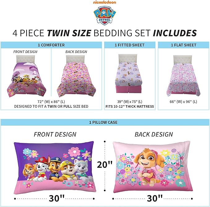 Paw Patrol Girls Kids Bedding Super Soft Comforter and Sheet Set, (4 Piece) Twin Size, (Official) Nickelodeon Product By Franco