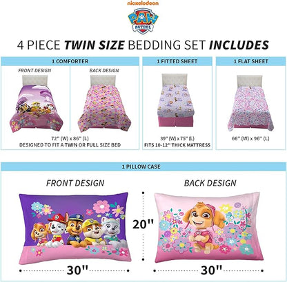 Paw Patrol Girls Kids Bedding Super Soft Comforter and Sheet Set, (4 Piece) Twin Size, (Official) Nickelodeon Product By Franco