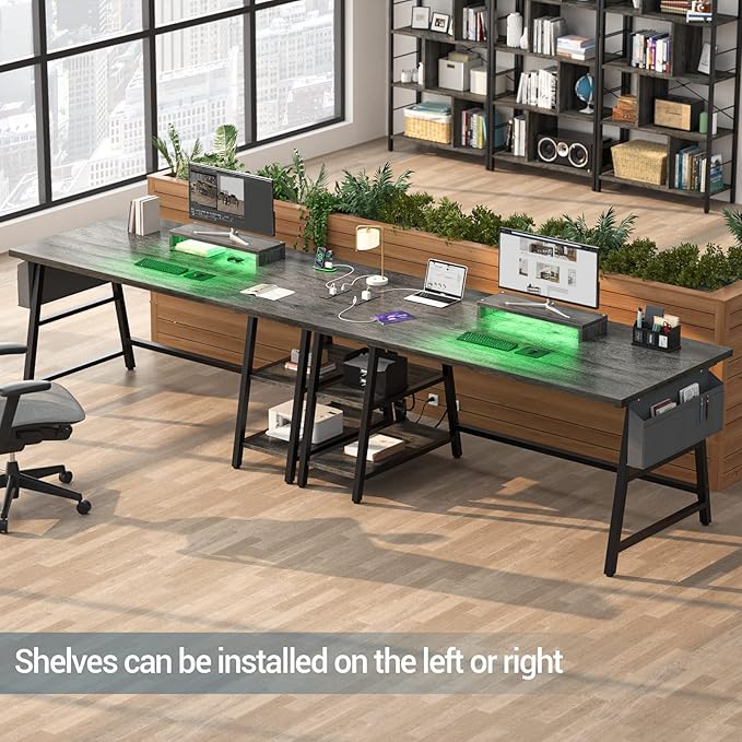 armocity Computer Desk with LED Lights, Reversible Desk with Power Outlet, 55'' Desk with Storage Shelves, Gaming Desk with Moveable Monitor Stand and Storage Bag for Home Office Workstation, Grey