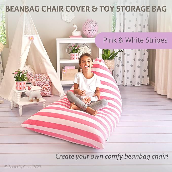 Butterfly Craze Bean Bag Chair Cover, Functional Toddler Toy Organizer, Fill with Stuffed Animals to Create a Jumbo, Comfy Floor Lounger for Boys or Girls, Stuffing Not Included, Light Pink Stripes