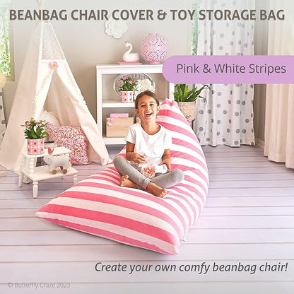 Butterfly Craze Bean Bag Chair Cover, Functional Toddler Toy Organizer, Fill with Stuffed Animals to Create a Jumbo, Comfy Floor Lounger for Boys or Girls, Stuffing Not Included, Light Pink Stripes