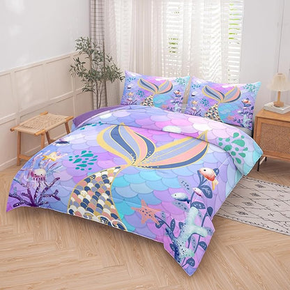 NINENINE Mermaid Tail Bedding Sets,Teal Purple Mermaid Comforter Set for Kids,Full Size Comforter Sets for Girls,Colorful Glitter Bedding Set with 1 Comforter 2Pillowcases…