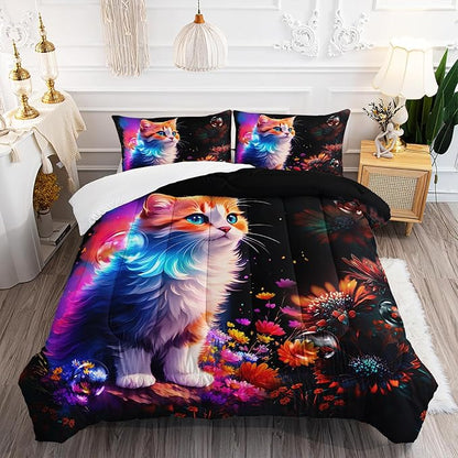Cartoon Kawaii Cat Comforter Set Full Size 3D Animals Flower Toddler Bedding Set Cat Lovers Animal Bubble Design Quilt Bed Set for Girls Kids Teens