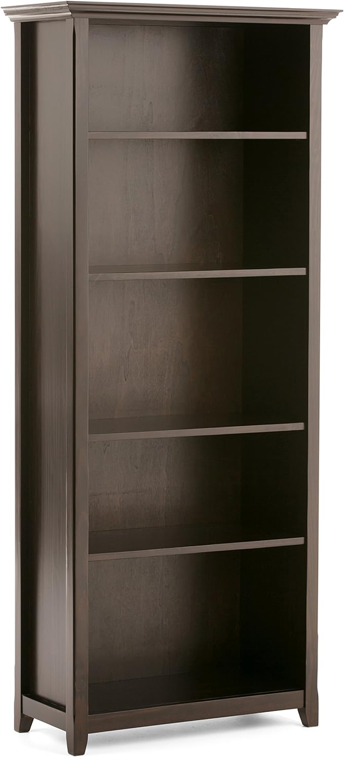 SIMPLIHOME Amherst SOLID WOOD 30 Inch Transitional 5 Shelf Bookcase in Hickory Brown, For the Living Room, Study Room and Office