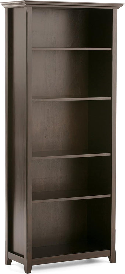 SIMPLIHOME Amherst SOLID WOOD 30 Inch Transitional 5 Shelf Bookcase in Hickory Brown, For the Living Room, Study Room and Office