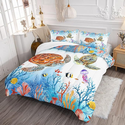 CVHOUSE Sea Turtle Comforter Set,Ocean Watercolor Sea Turtle Bedding Set for Kids Teens,Ocean Sea Turtle Comforter Sea Turtle Duvet Set Room Decor Quilt Set Queen Size