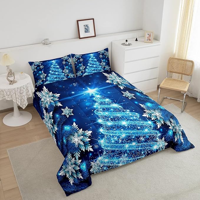 Feelyou Christmas Tree Comforter Set King Xmas Snowflake Comforter for Girls Women Daughter New Year Room Decor Blue Glitter Merry Christmas Bedding Set Winter Warm Soft Quilted Duvet Boys