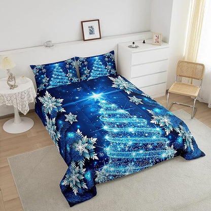 Feelyou Girls Christmas Tree Comforter Set Blue Xmas Theme Comforter Queen Chic Winter Snowflake Bedding Set for Girls Daughter Bedroom Decor Soft Girly Glitter Quilted Duvet Winter Warm Bedding