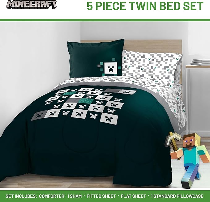 Minecraft Creeper Twin Comforter Set - 5 Piece Gamer Bedding includes Sheet Set & Pillow Covers - Super Soft Checkered Kids Bedding