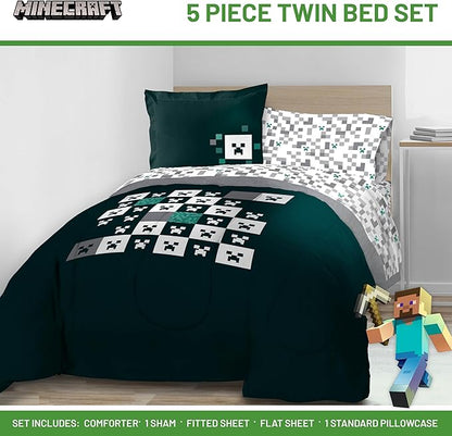 Minecraft Creeper Twin Comforter Set - 5 Piece Gamer Bedding includes Sheet Set & Pillow Covers - Super Soft Checkered Kids Bedding