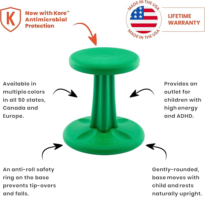 Kore Kids Pre-Teen Wobble Chair - Flexible Seating Stool for Classroom, Home & School, ADD/ADHD - Made in The USA - Age 10-11, Grade 5-6, Green (18.7in)