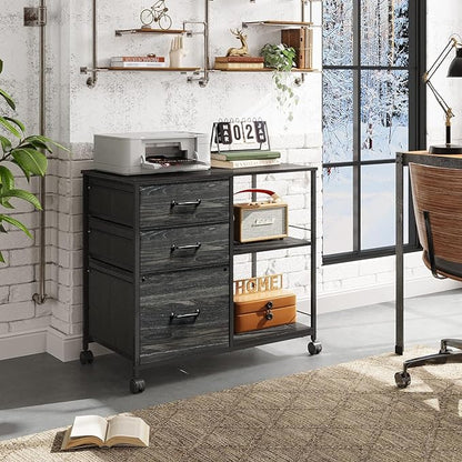DEVAISE 3 Drawer Mobile File Cabinet, Rolling Printer Stand with Open Storage Shelf, Fabric Lateral Filing Cabinet fits A4 or Letter Size for Home Office, Charcoal Black Wood Grain Print
