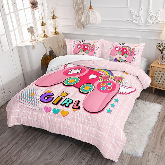 Datura home Bedding Comforter Set Pink Gamepad Printed Pattern Quilt with 1 and 2 Pillowcases for Girls Bedroom All Season(Pink Queen) Queen 90x90inches