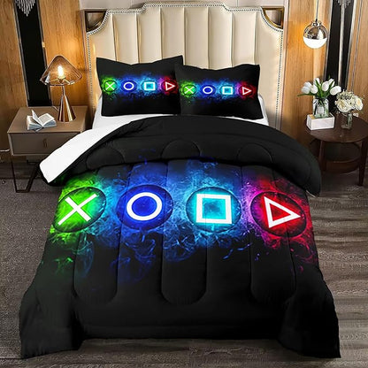 Gamer Comforter Sets for Boys, Video Gaming Comforter Set Full Size, Cool Black Gamer Gamepad Bedding Sets for Boys Kids Playroom Decor, 1 Comforter and 2 Pillowcases