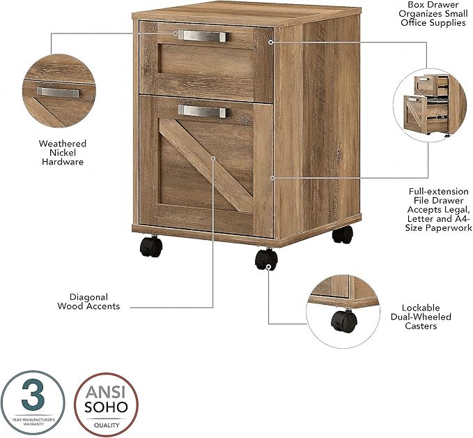 Bush Furniture Knoxville 2 Drawer Mobile File Cabinet, Rolling Document Storage for Home Office, Reclaimed Pine