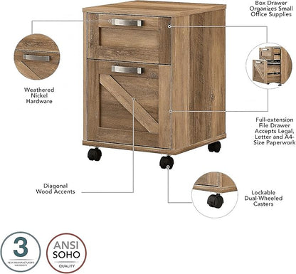 Bush Furniture Knoxville 2 Drawer Mobile File Cabinet, Rolling Document Storage for Home Office, Reclaimed Pine