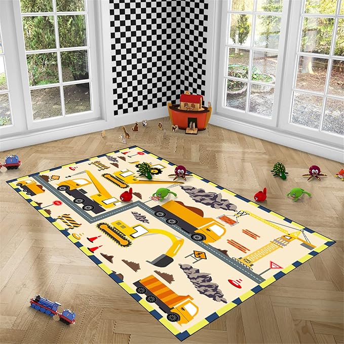 Construction Play Mat Car Rug Play Mat Construction Rugs for Boys Room Car Rug for Boys Room Construction Decor for Boys Room Playroom Rug for Livingroom 3'×4'