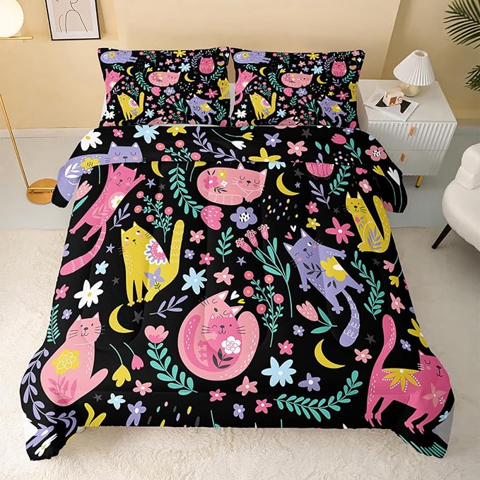 Floral Cat Comforter Queen Size,Black Cats Comforter Set for Kids Teens Girls,3Pcs Bedding Set Printed Comforter with 2 Pillowcases,Down Alternative,Soft and Lightweight(Black，Queen Size)