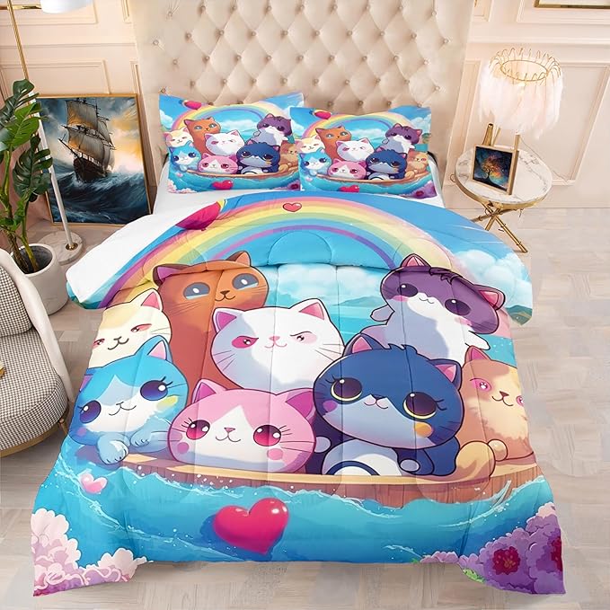 Cat Bedding Set Full Size - Girls Bedding Cute Cat Comforter Set for Girls Kids Teens Soft Breathable Animal Bedding Kid Comforter Set for All Season, 1 Comforter 2 Pillowcase