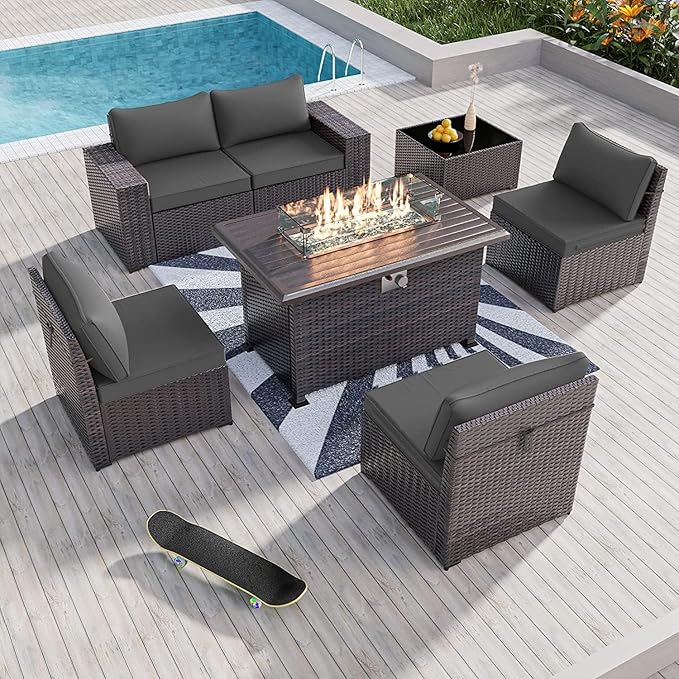 Kullavik 7 PCS Outdoor Patio Furniture Set with 43" 55000BTU Gas Propane Fire Pit Table PE Wicker Rattan Sectional Sofa Patio Conversation Sets for Outdoor,Grey