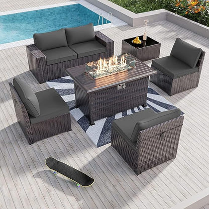 Kullavik 7 PCS Outdoor Patio Furniture Set with 43" 55000BTU Gas Propane Fire Pit Table PE Wicker Rattan Sectional Sofa Patio Conversation Sets for Outdoor,Grey