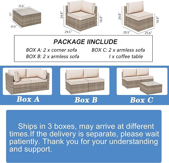 Shintenchi 7 Pieces Outdoor Patio Sectional Sofa Couch,Natural PE Wicker Furniture Conversation Sets with Washable Cushions & Glass Coffee Table for Garden, Poolside, Backyard (Khaki)