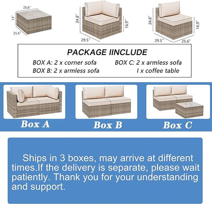 Shintenchi 7 Pieces Outdoor Patio Sectional Sofa Couch,Natural PE Wicker Furniture Conversation Sets with Washable Cushions & Glass Coffee Table for Garden, Poolside, Backyard (Khaki)