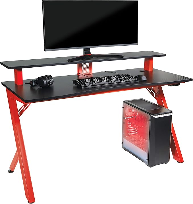 OSP Home Furnishings Area51 Battlestation Gaming Desk with Bluetooth RGB LED Lights, Red