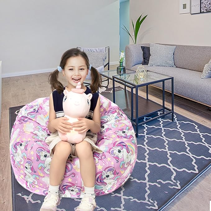 Stuffed Animal Storage Bean Bag Chair Cover, Hold Kids Plush Toys Blankets Towels Beanbag (Cover Only), Canvas Floor Circle Stuff Sit Seat Sofa with YKK Zipper, Large 32", Unicorn