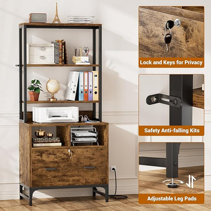 Homieasy File Cabinet with Charging Station, Vertical Filing Cabinet with Lock & Large Drawer, Printer Stand with Storage Shelves, Office Storage Cabinet fits Letter/A4/Legal Size,Rustic Brown