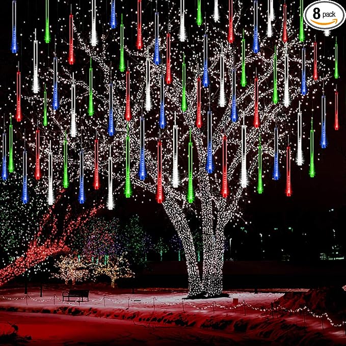 Kwaiffeo Icicle Christmas Lights Outdoor, Meteor Shower Lights 12 inch 8 Tube Cascading Lights for Xmas Tree Decor Wedding Party, Christmas Outdoor Decorations, UL Plug Multi Colored