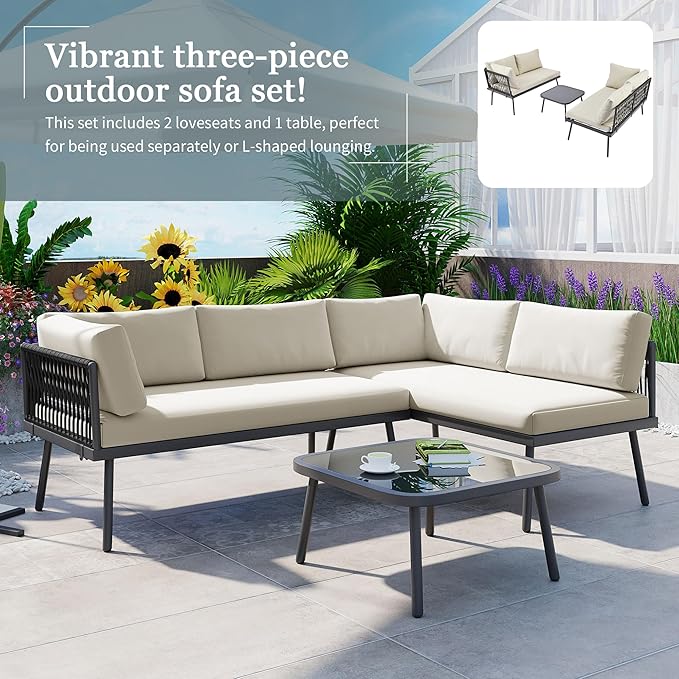 3-Piece Outdoor Patio Furniture PE Rattan Sofa Set, All Weather L-Shaped Sectional Couch with Removable Cushions and Glass Table, for Backyard Poolside Garden, Metal Frame, Onesize, Beige