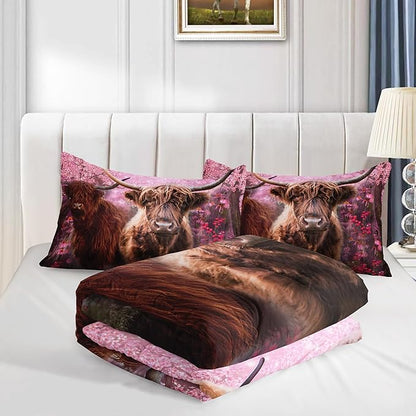 Cow Print Comforter Set Queen Size Cherry Blossoms Cow Bedding Set Farmhouse Animals Quilt Bed Set with 1 Comforter and 2 Pillowcases