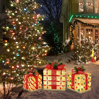 [Large 9.5"x8"x6.5" Christmas Set of 3 Lighted Gift Boxes Decorations Pre-lit 70 Super-Bright LED with Flashers,for Indoor Outdoor Christmas Tree Skirt Ornament Pathway Holiday Party Home