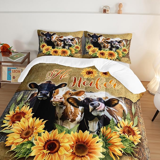 HOSIMA Farmhouse Animal Cow Comforter Western Bedding Sets,Kids Sunflower Comforter Twin Bed in a Bag for Girls Boys,Cow Print Bedding Room Decor,Floral Comforter Set with 2 Pillowcases.