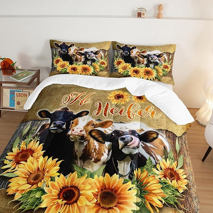 HOSIMA Farmhouse Animal Cow Comforter Western Bedding Sets Queen,Sunflower Comforter for Girls Boys Teens,Cow Print Bedding Room Decor,Floral Comforter Set with 2 Pillowcases.