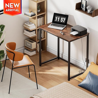 SINPAID Small Computer Desk 31.5 inches Desk for Small Spaces Sturdy Home Office Desk Modern Gaming Desk Study Writing Laptop Table, Brown