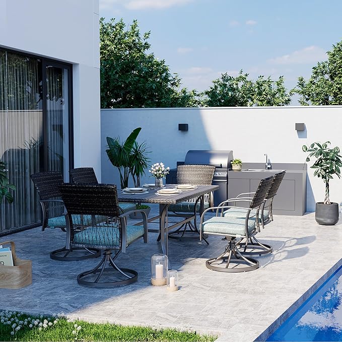 Pamapic 7 Piece Patio Dining Set for 6,Outdoor Wicker Furniture Set for Backyard Garden Deck Poolside with 6 Cushions Swivel Rocker Chairs,Iron Slats Table Top, Removable Cushions(Green)