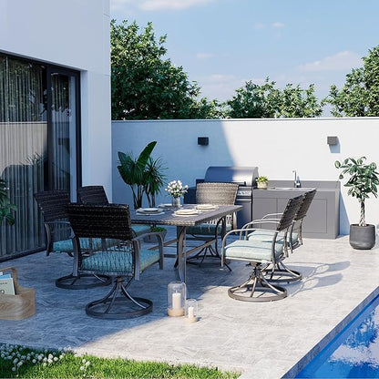 Pamapic 7 Piece Patio Dining Set for 6,Outdoor Wicker Furniture Set for Backyard Garden Deck Poolside with 6 Cushions Swivel Rocker Chairs,Iron Slats Table Top, Removable Cushions(Green)