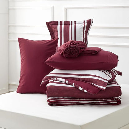 Bedsure Bed in a Bag Twin Size 5-Piece Burgundy White Striped Bedding Comforter Sets All Season Bed Set with 1 Pillow Sham, Flat Sheet, Fitted Sheet and 1 Pillowcase