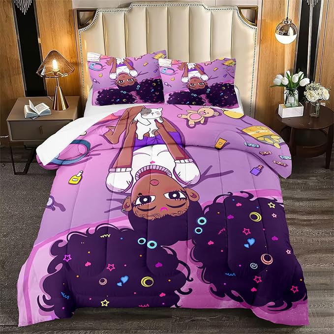 Girls Black Girls Comforter Sets for Teen Kids Adults African American Queen Size African American Girl Comforter Set for Girls Bedroom Cute Black Girls Bedding Set 1 Comforter 2 Pillowcases