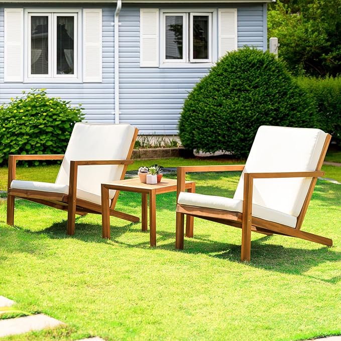 Eleve 400lbs Capacity Outdoor Set of 2 with Wooden Side Table, FSC Certified Acacia Wood Patio Furniture Set for Firepit Porch, Large, Slanted Backrest Club Chair