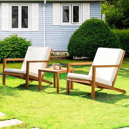Eleve 400lbs Capacity Outdoor Set of 2 with Wooden Side Table, FSC Certified Acacia Wood Patio Furniture Set for Firepit Porch, Large, Slanted Backrest Club Chair