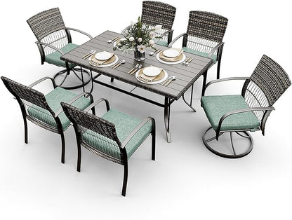 Pamapic 7 Piece Patio Dining Set for 6,Wicker Outdoor Furniture Set for Backyard Garden Deck Poolside with Iron Slats Table Top,4 Dining Chairs and 2 Swivel Rockers,Removable Cushions(Green)
