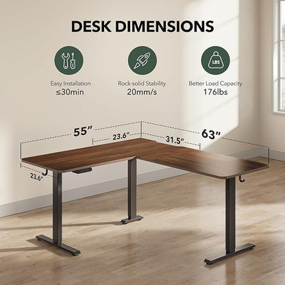 FEZIBO 63" L Shaped Standing Desk Height Adjustable, Electric Stand up Corner Desk, Sit Stand Home Office Desk with Splice Board, Black Frame/Black Walnut Top