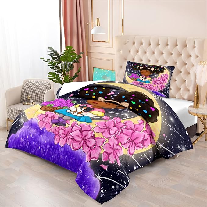 Black Girls Twin Comforter Set for Girls Teens Adults Twin Size Comforter Sets African Girl Comforter Set Cute Afro Princess Bedding Set Girls Bedroom Set, 1 Comforter + 1 Pillowcase